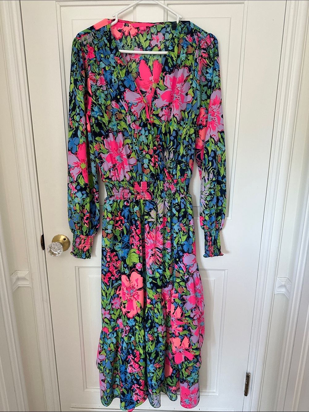 Lilly Pulitzer Floral Pink & Green V-Neck Long Sleeve Midi Dress, Size M